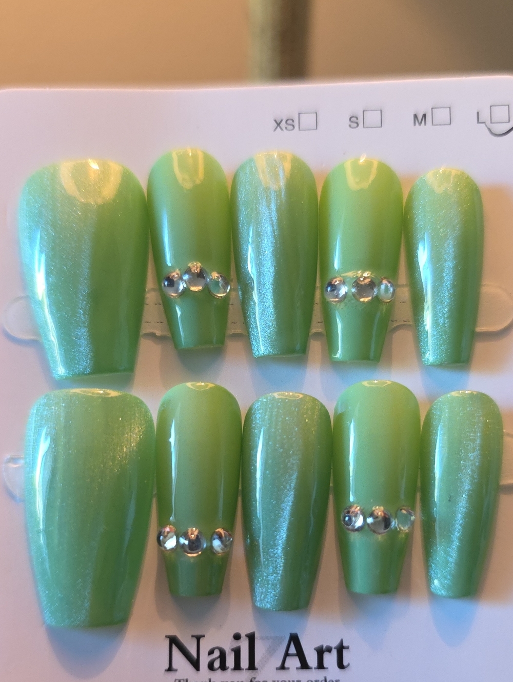 Green Shimmer Press-On Nails with Rhinestones - Size Large